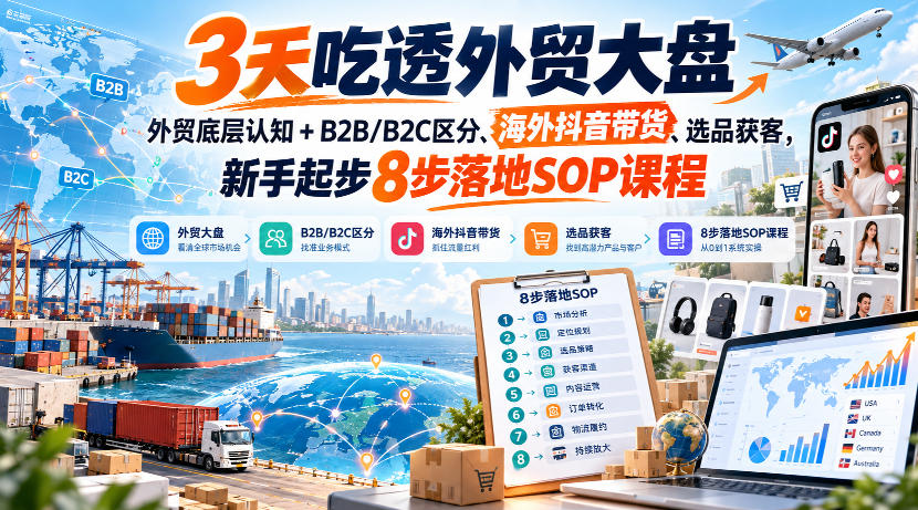 3天吃透外贸大盘，外贸底层认知+B2B/B2C区分、海外抖音带货、选品获客，新手起步8步落地SOP课程 - 87副业网