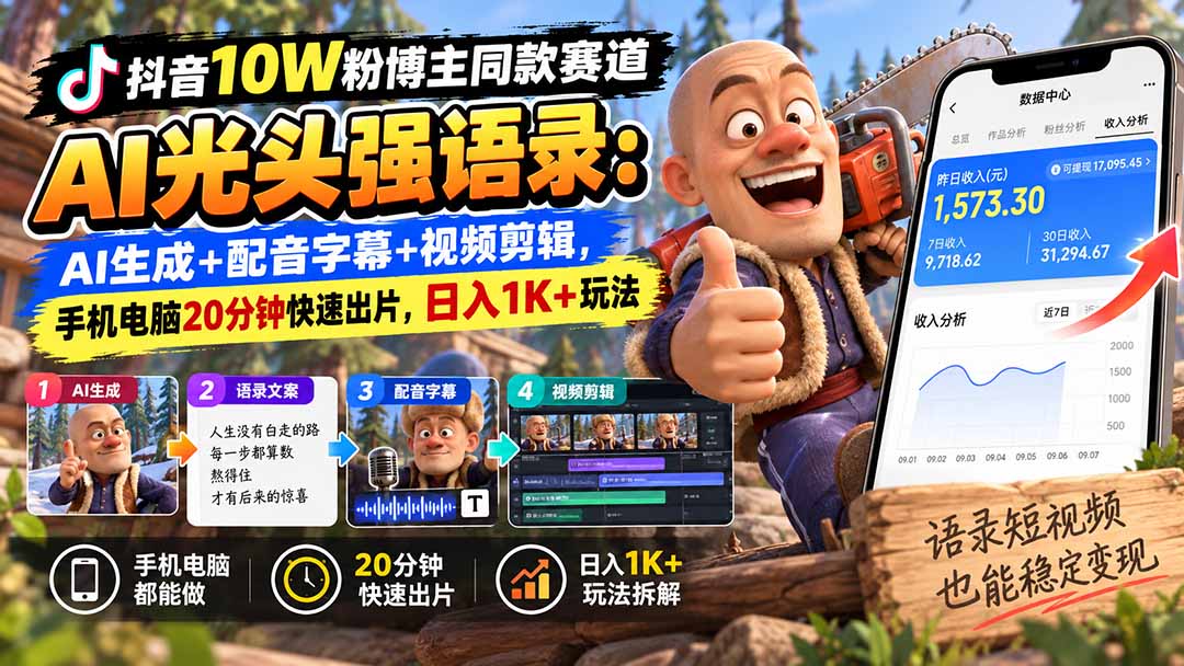 【无水印】抖音10W粉博主同款赛道AI光头强语录：AI生成+配音字幕+视频剪辑，手机电脑20分钟快速出片，日入1K+玩法-87副业网 - 互联网副业项目资源分享平台