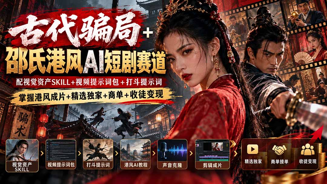 古代骗局+邵氏港风AI短剧赛道：配视觉资产SKILL+视频提示词包+打斗提示词，掌握港风成片+精选独家+商单+收徒变现-87副业网 - 互联网副业项目资源分享平台