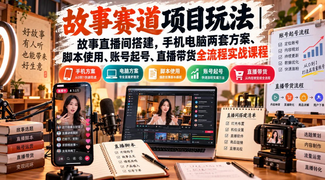 故事赛道项目玩法｜故事直播间搭建，手机电脑两套方案、脚本使用、账号起号、直播带货全流程实战课程 - 87副业网