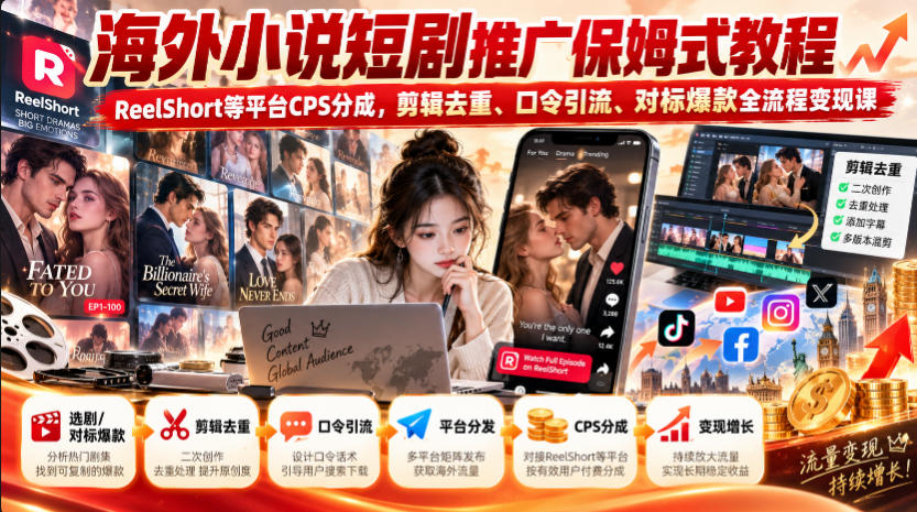 海外小说短剧推广保姆式教程｜ReelShort等平台CPS分成，剪辑去重、口令引流、对标爆款全流程变现课 - 87副业网