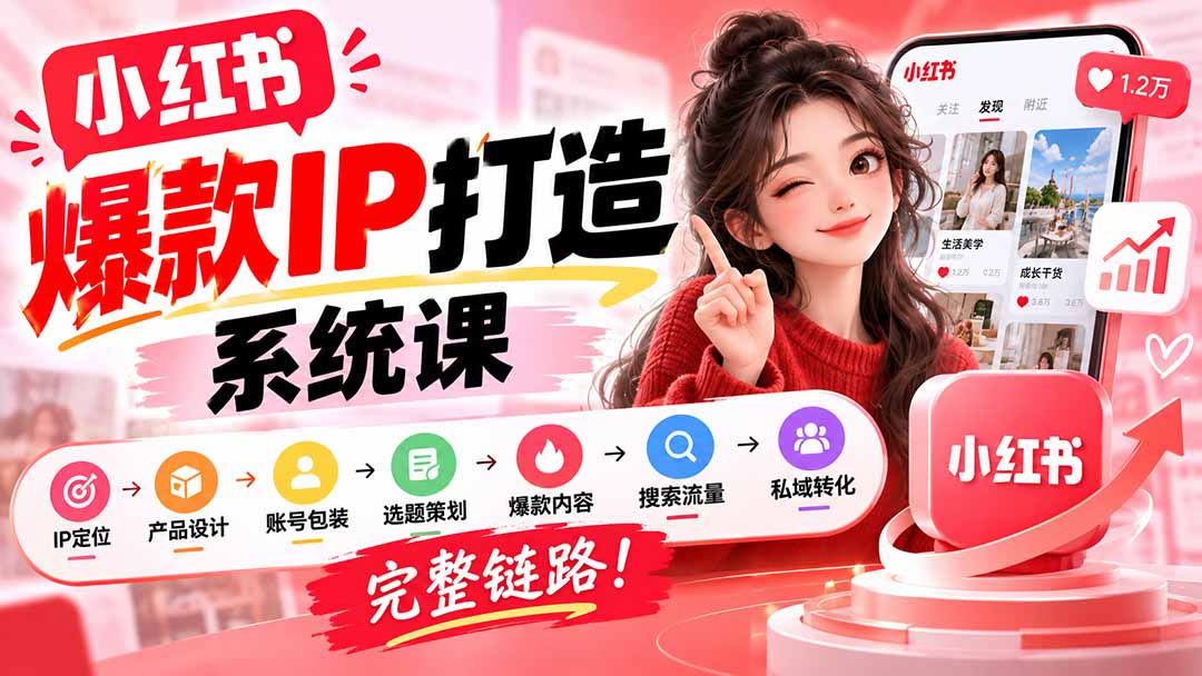 【无水印】小红书爆款IP打造课：IP定位→产品设计→账号包装→选题策划→爆款内容→搜索流量→私域转化，完整链路 - 87副业网