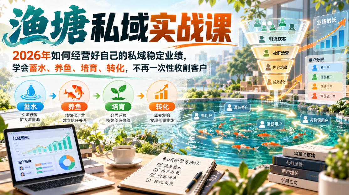 渔塘私域实战课，2026年如何经营好自己的私域稳定业绩，学会蓄水、养鱼、培育、转化，不再一次性收割客户 - 87副业网