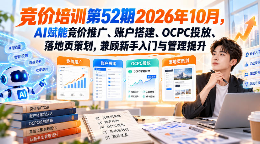 【无水印】竞价培训第52期2026年10月，AI赋能竞价推广、账户搭建、OCPC投放、落地页策划，兼顾新手入门与管理提升 - 87副业网