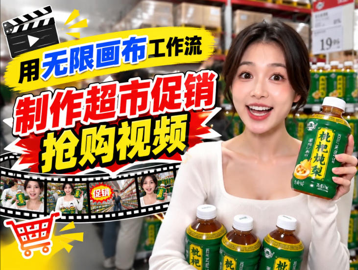 无限画布超市促销抢购视频工作流，一键产出TikTok抖音带货短视频 - 87副业网