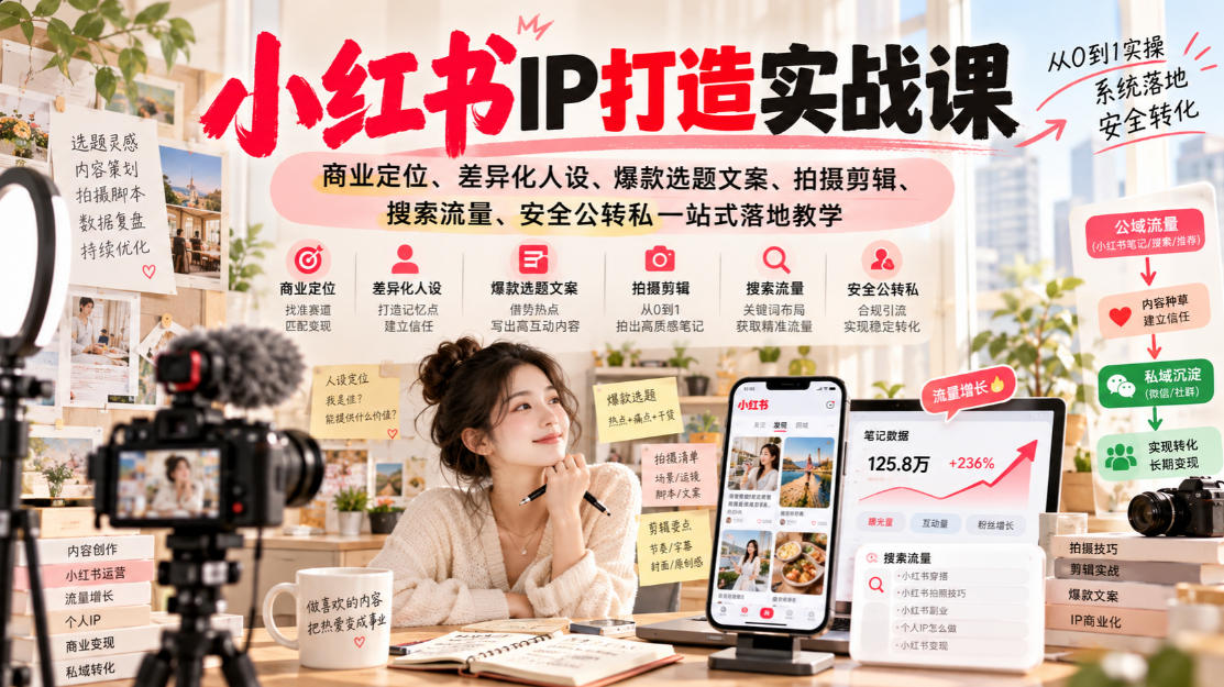 小红书ip打造实战课，商业定位、差异化人设、爆款选题文案、拍摄剪辑、搜索流量、安全公转私一站式落地教学 - 87副业网