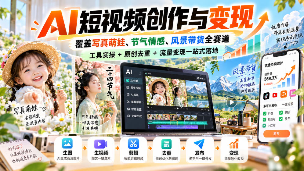 AI短视频创作与变现，覆盖写真萌娃、节气情感、风景带货全赛道，工具实操+原创去重+流量变现一站式落地 - 87副业网