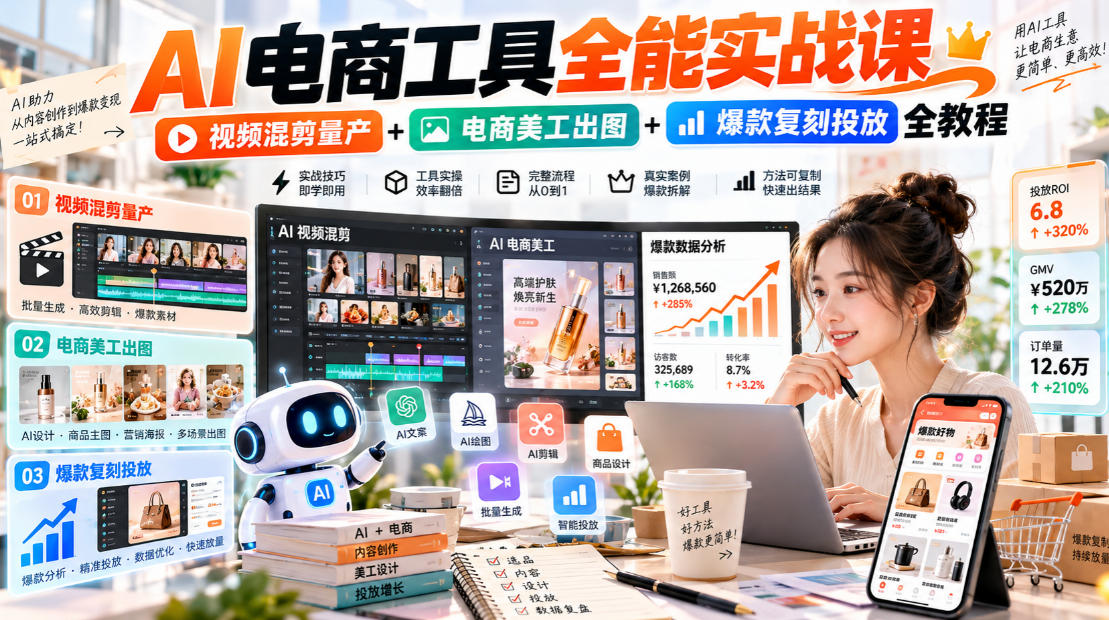 AI电商工具全能实战教学，视频混剪量产+电商美工出图+爆款复刻投放全教程​ - 87副业网