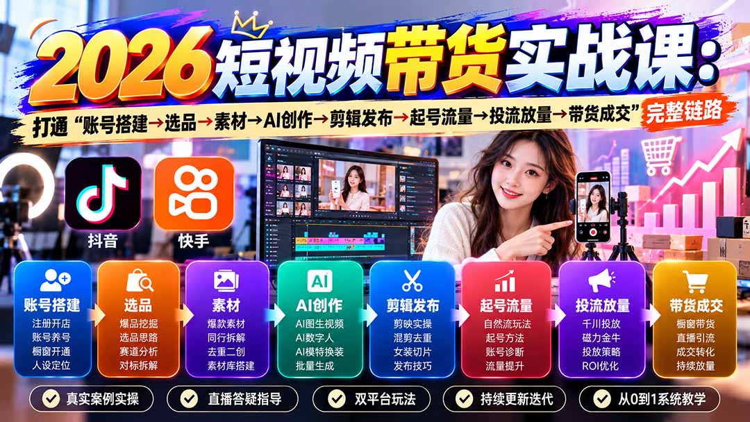 2026短视频带货实战课9月：打通“账号搭建→选品→素材→AI创作→剪辑发布→起号流量→投流放量→带货成交”完整链路 - 87副业网