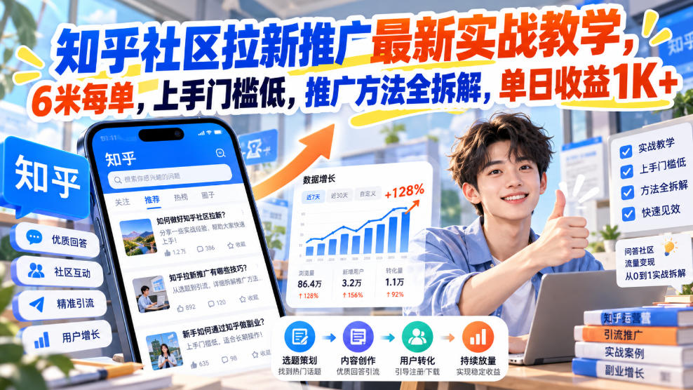 知乎社区拉新推广最新实战教学，6米每单，上手门槛低，推广方法全拆解，单日收益1K+！(更新0930) - 87副业网