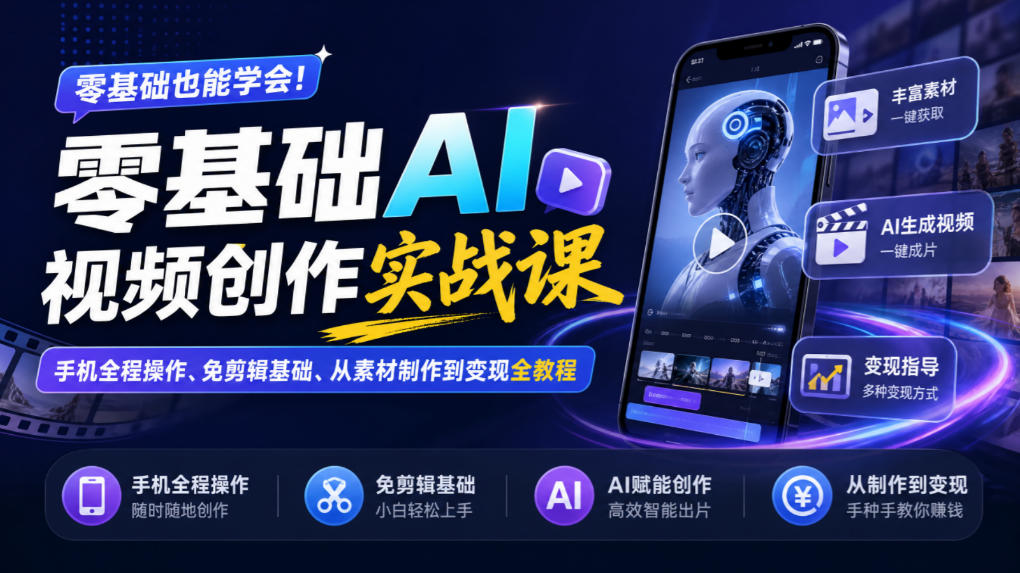 零基础AI视频创作实战课｜手机全程操作、免剪辑基础、从素材制作到变现全教程​ - 87副业网