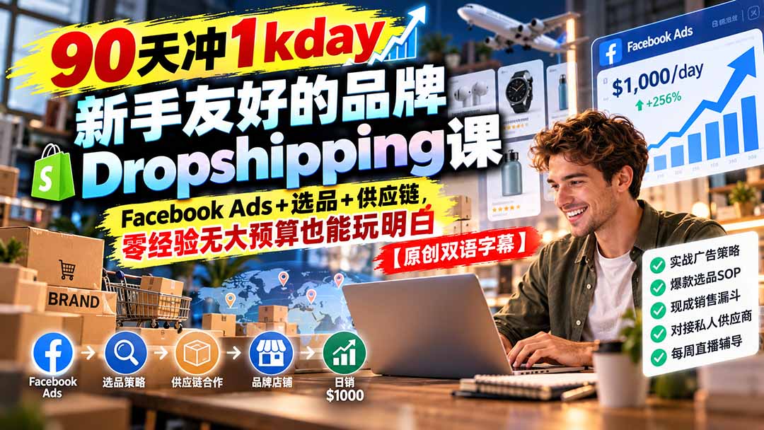 90天冲1kday 新手友好的品牌Dropshipping课：Facebook Ads+选品+供应链，零经验无大预算也能玩明白【原创双语字幕】 - 87副业网