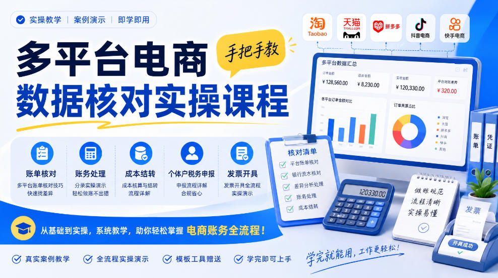 多平台电商数据核对实操课程，手把手教账单核对、账务处理、成本结转、个体户税务申报与发票开具 - 87副业网