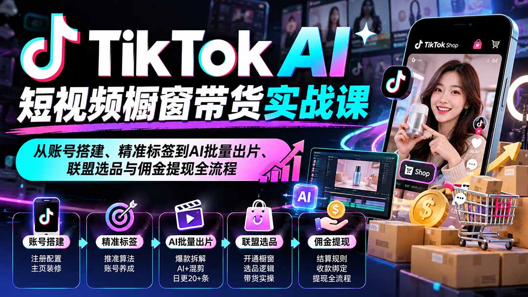 TikTok AI短视频橱窗带货实战课：从账号搭建、精准标签到AI批量出片、联盟选品与佣金提现全流程 - 87副业网