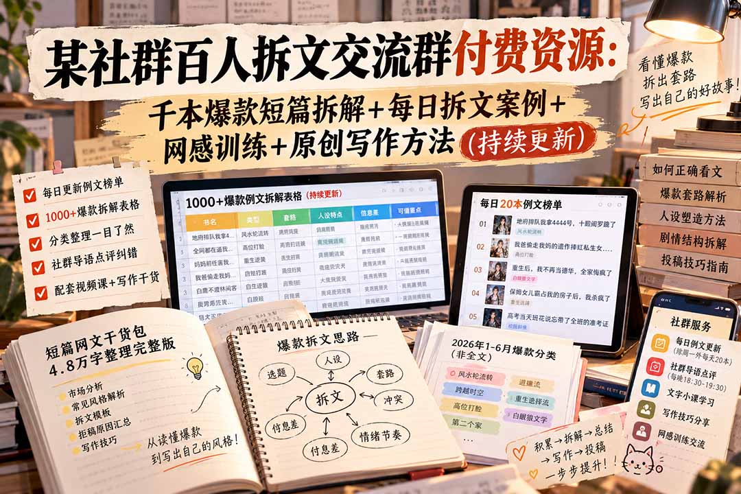 某社群百人拆文交流群付费资源-更新0929：千本爆款短篇拆解+每日拆文案例+网感训练+原创写作方法 - 87副业网