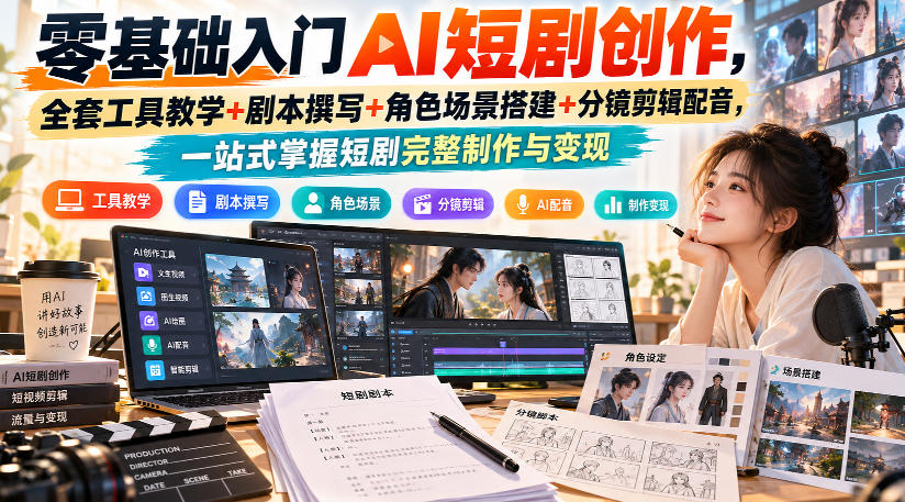 零基础入门AI短剧创作，全套工具教学+剧本撰写+角色场景搭建+分镜剪辑配音，一站式掌握短剧完整制作与变现 - 87副业网
