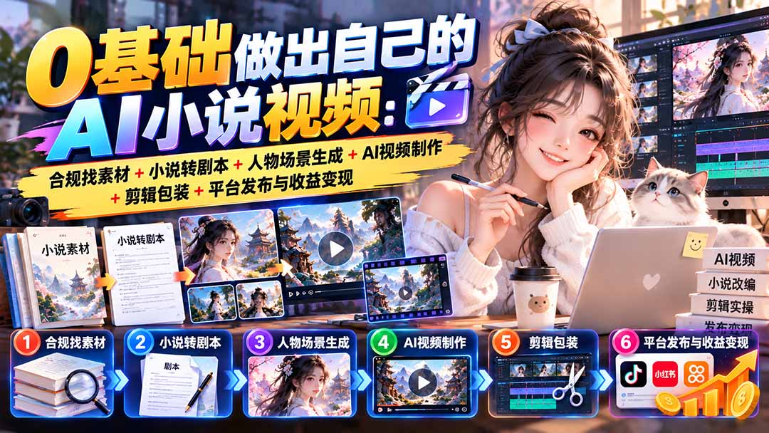0基础做出自己的AI小说视频：合规找素材+小说转剧本+人物场景生成+AI视频制作+剪辑包装+平台发布与收益变现 - 87副业网