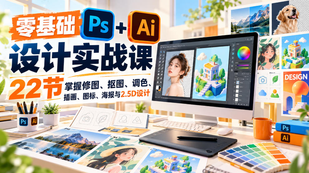 【无水印】零基础PS+AI设计实战课｜22节掌握修图、抠图、调色、插画、图标、海报与2.5D设计 - 87副业网