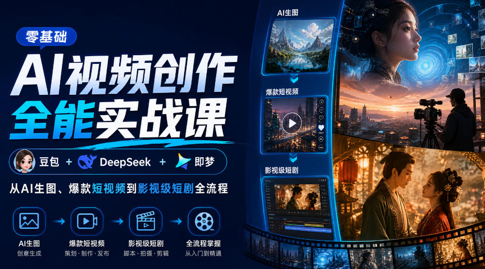 零基础AI视频创作全能实战课｜豆包+DeepSeek+即梦，从AI生图、爆款短视频到影视级短剧全流程 - 87副业网
