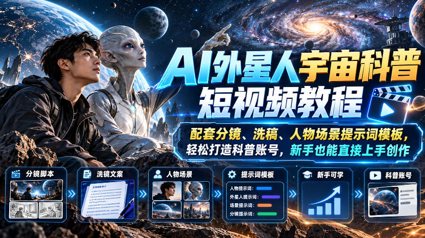 AI外星人宇宙科普短视频教程，配套分镜、洗稿、人物场景提示词模板，轻松打造科普账号，新手也能直接上手创作 - 87副业网