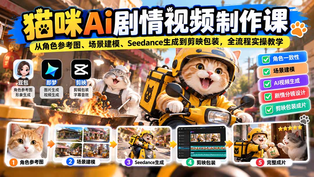 猫咪AI剧情视频制作课：从角色参考图、场景建模、Seedance生成到剪映包装，全流程实操教学 - 87副业网