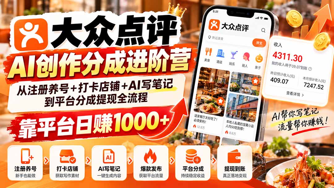 大众点评AI创作分成进阶营：从注册养号+打卡店铺+AI写笔记到平台分成提现全流程，靠平台日赚1000+ - 87副业网