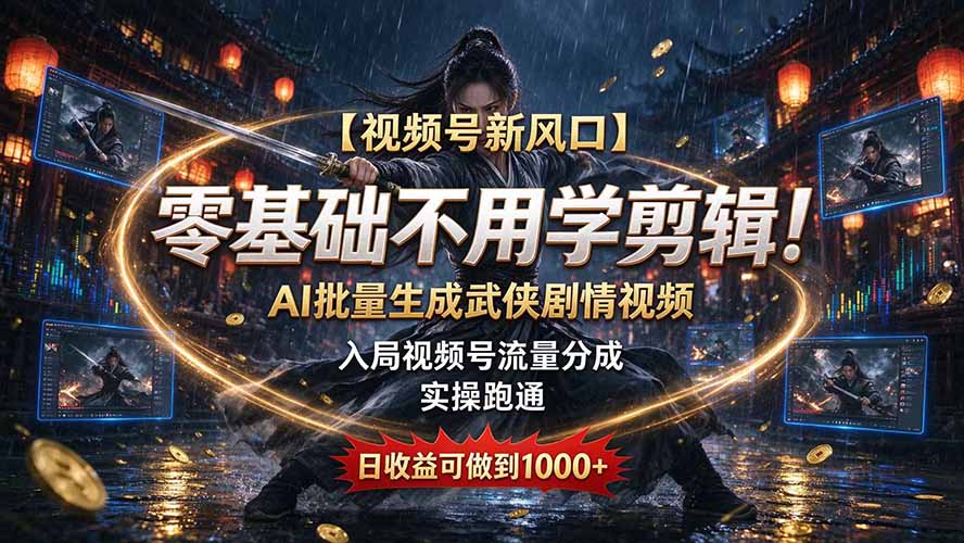 【视频号新风口】零基础不用学剪辑！AI 批量生成武侠剧情视频，入局视频号流量分成，实操跑通，日收益可做到 1000+-87副业网 - 互联网副业项目资源分享平台