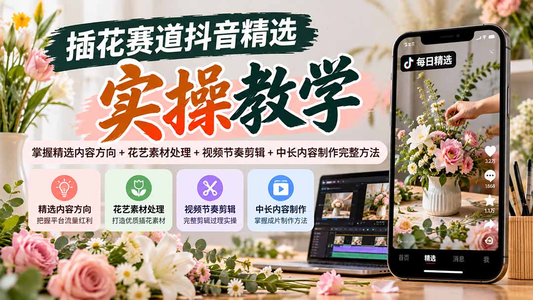 插花赛道抖音精选实操教学：掌握精选内容方向+花艺素材处理+视频节奏剪辑+中长内容制作完整方法 - 87副业网