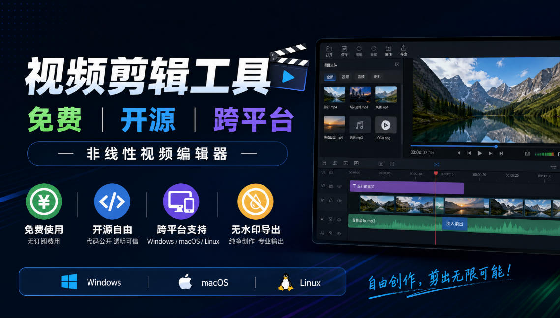 视频剪辑工具，免费、开源、跨平台，非线性视频编辑器，支持Windows、macOS、Linux，无水印、无订阅费用 - 87副业网