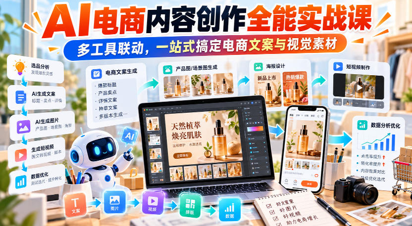 【无水印】AI电商内容创作全能实战课｜多工具联动，一站式搞定电商文案与视觉素材 - 87副业网