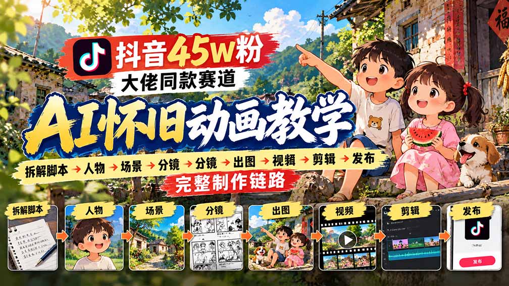 抖音45W粉大佬同款赛道AI怀旧动画教学：拆解脚本→人物→场景→分镜→出图→视频→剪辑→发布完整制作链路-87副业网 - 互联网副业项目资源分享平台