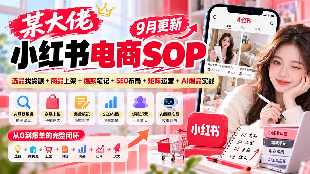 某大佬小红书电商SOP｜9月更新：选品找货源+商品上架+爆款笔记+SEO布局+矩阵运营+AI爆品实战 - 87副业网