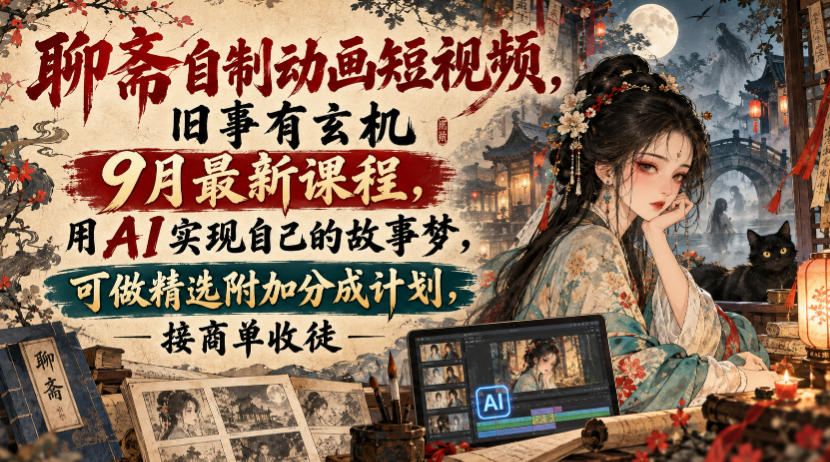 聊斋自制动画短视频，旧事有玄机9月最新课程，用AI实现自己的故事梦，可做精选附加分成计划，接商单收徒 - 87副业网