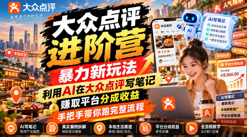 大众点评进阶营，暴力新玩法，利用AI在大众点评写笔记， 賺取平台分成收益，手把手带你跑完整流程 - 87副业网