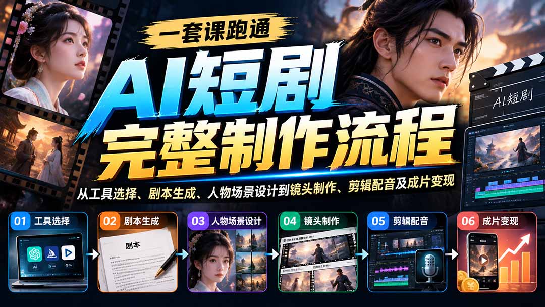 一套课跑通AI短剧完整制作流程：从工具选择、剧本生成、人物场景设计到镜头制作、剪辑配音及成片变现 - 87副业网