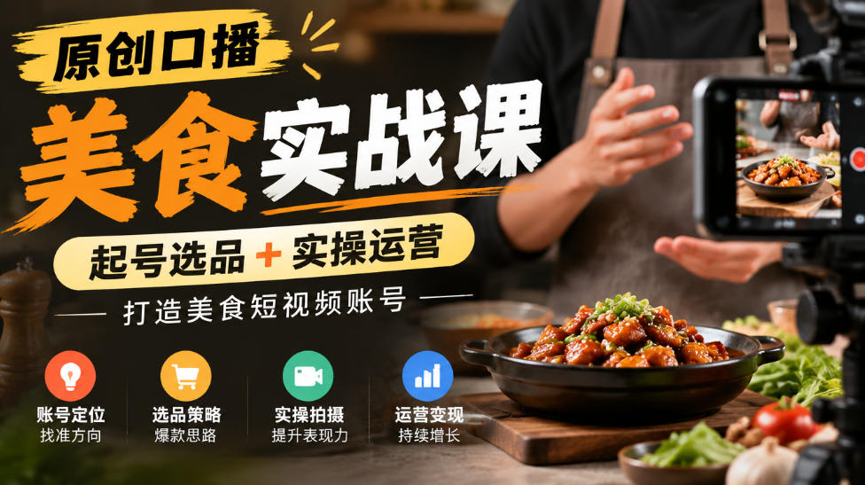原创口播美食实战课，起号选品+实操运营，打造美食短视频账号 - 87副业网