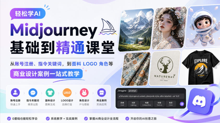 轻松学AI Midjourney基础到精通课堂，从账号注册、指令关键词，到面料LOGO角色等商业设计案例一站式教学 - 87副业网