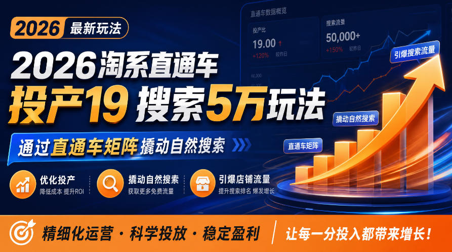 2026淘系直通车投产19搜索5万玩法，通过直通车矩阵撬动自然搜索，帮助商家优化投产，引爆店铺搜索流量 - 87副业网