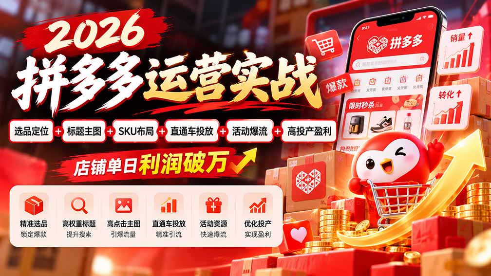 2026拼多多运营实战-更新1002：选品定位+标题主图+SKU布局+直通车投放+活动爆流+高投产盈利 店铺单日利润破万-87副业网 - 互联网副业项目资源分享平台