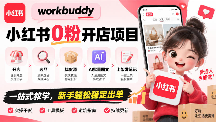 workbuddy小红书0粉开店项目，开店、选品、找货源、AI批量图文、上架发笔记一站式教学，新手轻松稳定出单 - 87副业网