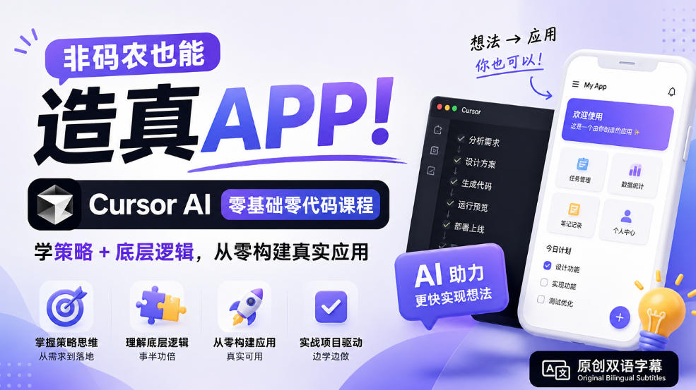 非码农也能造真APP！Cursor AI零基础零代码课程：学策略+底层逻辑，从零构建真实应用【原创双语字幕】 - 87副业网