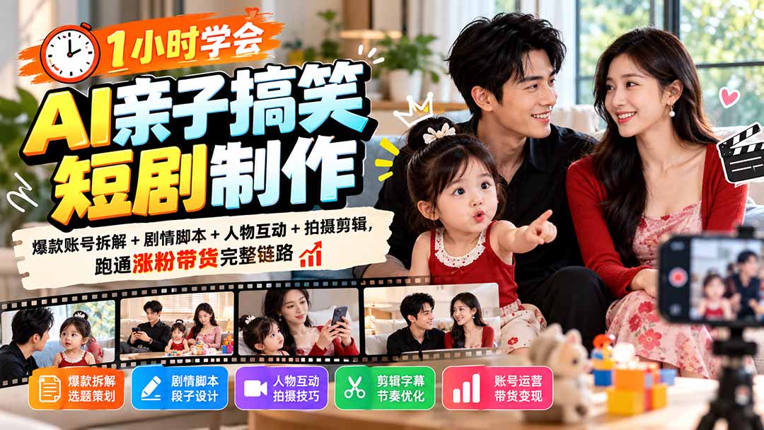 1小时学会AI亲子搞笑短剧制作：爆款账号拆解+剧情脚本+人物互动+拍摄剪辑，跑通涨粉带货完整链路 - 87副业网