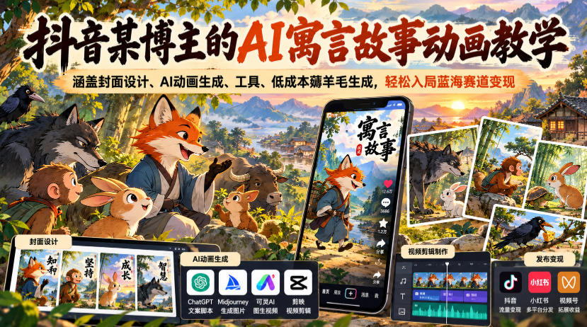 抖音某博主的AI寓言故事动画教学，涵盖封面设计、AI动画生成、工具、低成本薅羊毛生成，轻松入局蓝海赛道变现 - 87副业网