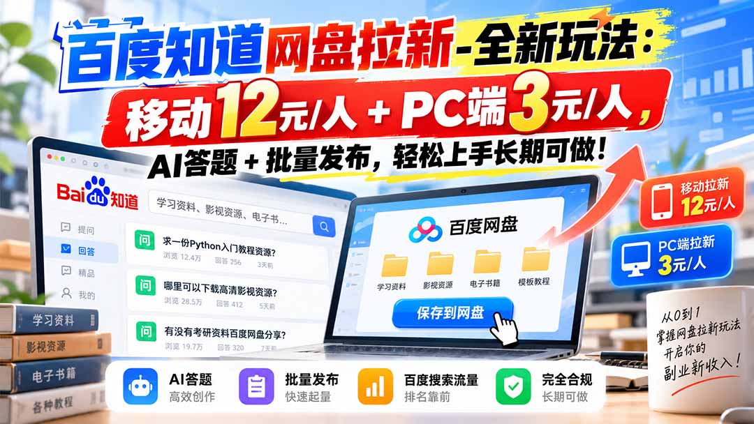 百度知道网盘拉新-全新玩法：移动12元/人+PC端3元/人，AI答题+批量发布，轻松上手长期可做！ - 87副业网