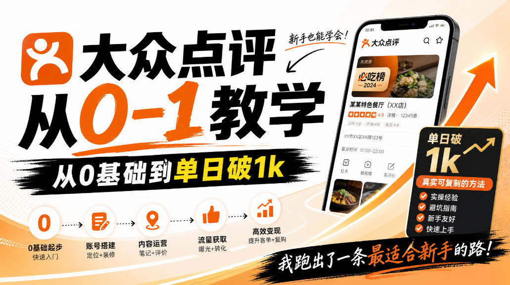 大众点评分成从0-1教学，从0基础到单日破1k，我跑出了一条最适合新手的路 - 87副业网