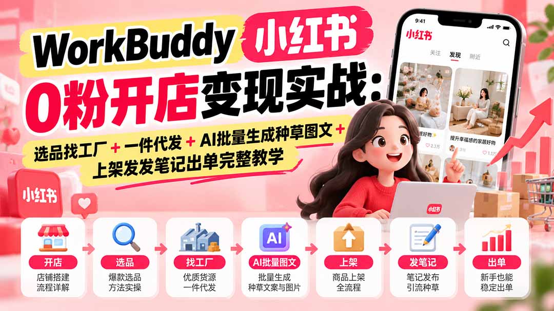 WorkBuddy小红书0粉开店变现实战：选品找工厂+一件代发+AI批量生成种草图文+上架发发笔记出单完整教学 - 87副业网