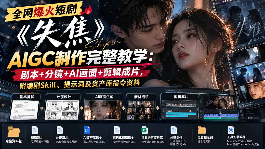 全网爆火短剧《失焦》AIGC制作完整教学:剧本+分镜+AI画面+剪辑成片,附编剧Skill、提示词及资产库指令资料