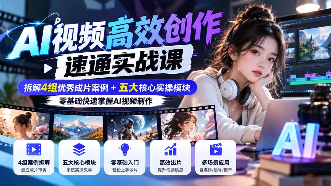 【无水印】AI视频高效创作速通实战课：拆解4组优秀成片案例+五大核心实操模块，零基础快速掌握AI视频制作 - 87副业网