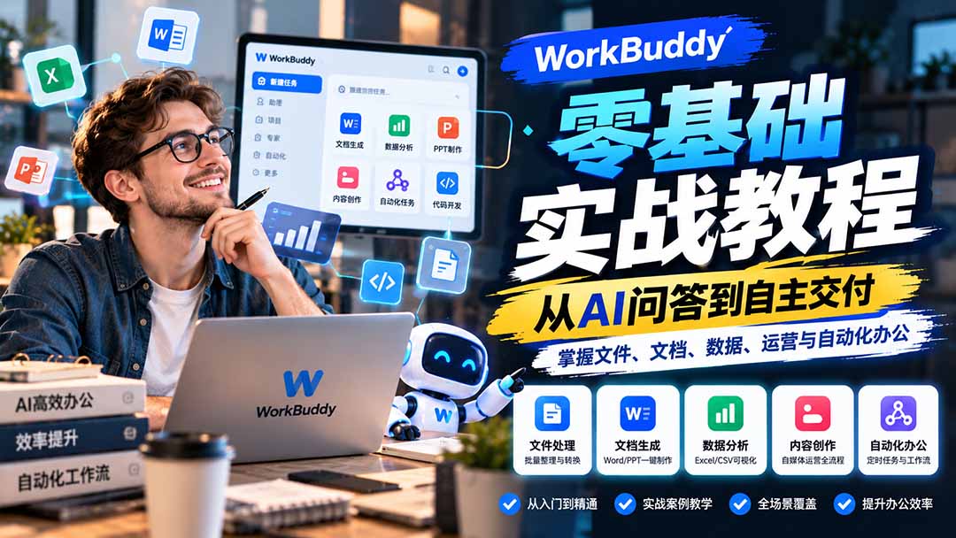 WorkBuddy零基础实战教程：从AI问答到自主交付，掌握文件、文档、数据、运营与自动化办公 - 87副业网