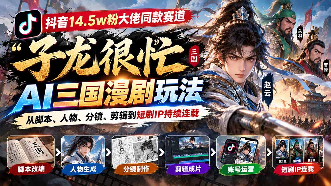 抖音14.5w粉大佬同款赛道「子龙很忙」AI三国漫剧玩法：从脚本、人物、分镜、剪辑到短剧IP持续连载 - 87副业网